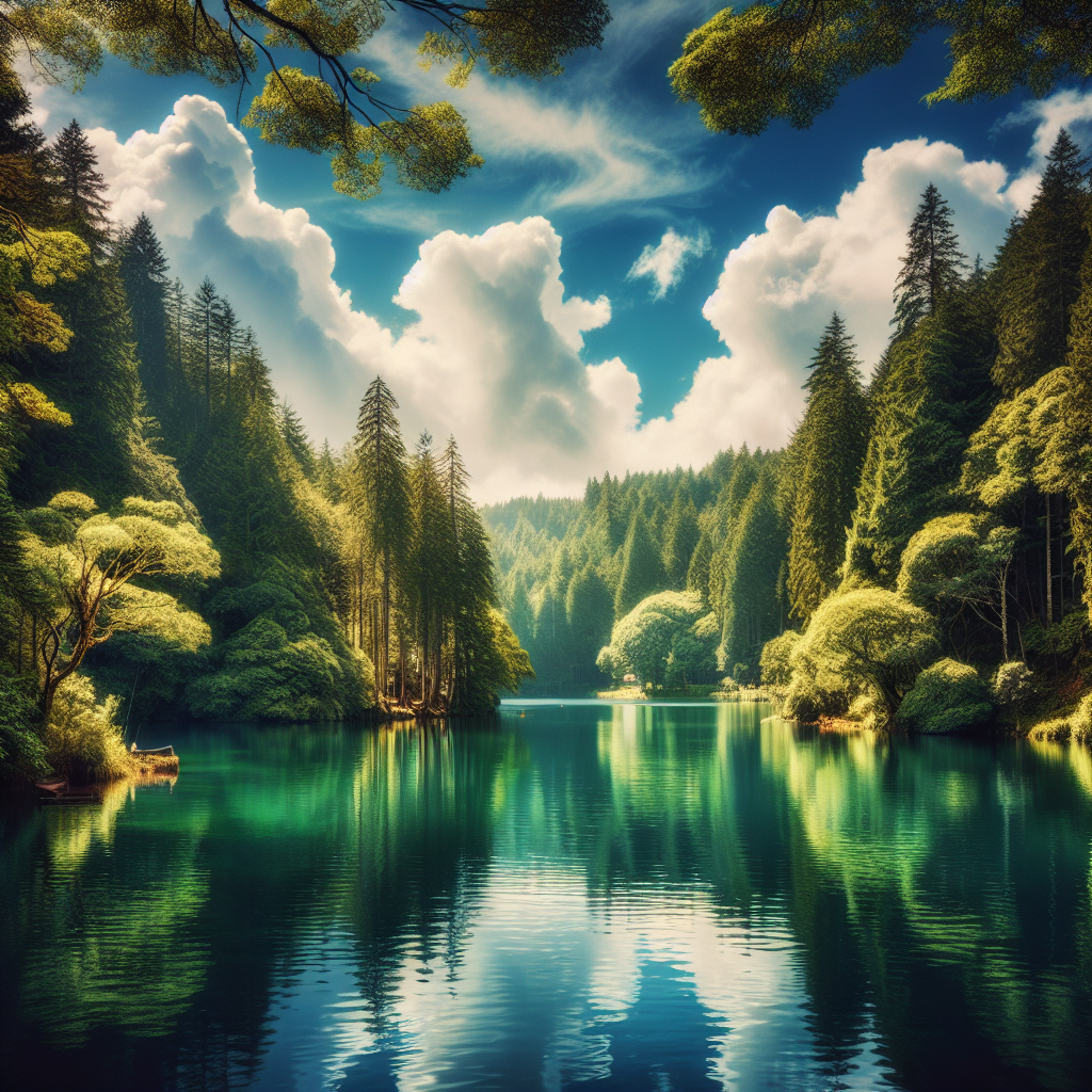 A peaceful fishing location with a serene lake and trees